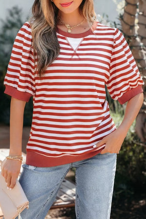 Red and white striped maternity t-shirt with puff sleeves and a crew neck.