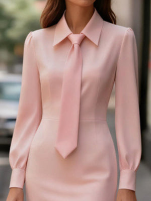 Blush pink long sleeve dress with tie-neck and buttoned cuffs.