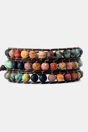 Multicolor stone bead wrap bracelet with leather cords