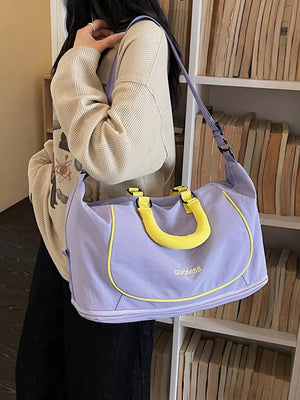 Purple duffle bag with yellow trim and handles, Oxford cloth, gym bag style