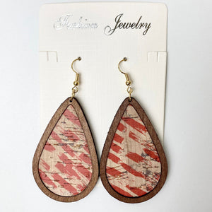 Cork teardrop earrings with red botanical print and wooden frame