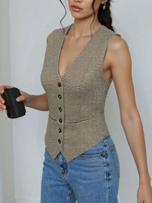 Tailored houndstooth bustier vest in mocha with button front and V-neckline.
