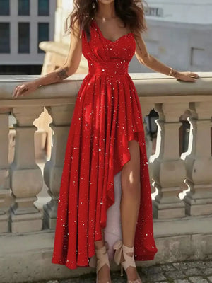 Red glitter asymmetrical hem maxi dress with one shoulder and high slit