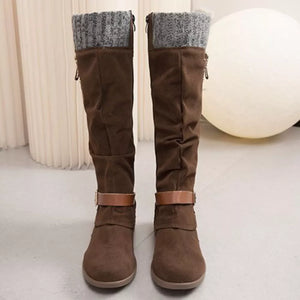 Brown suede slouch boots with knit cuff and buckle detail