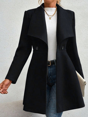 Black draped collar flare-hem coat with button details and a chic silhouette.