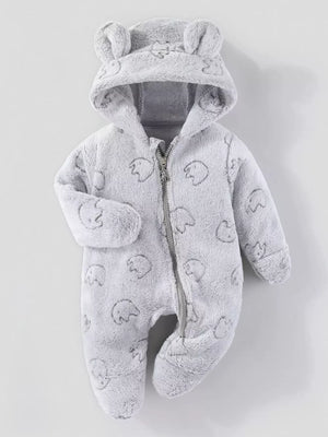 Gray plush hooded one-piece for baby with bear ears and allover bear pattern.