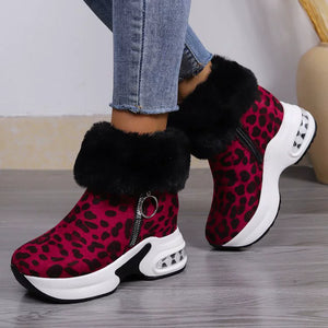 Burgundy leopard print plush ankle boots with side zipper and air cushion sole.