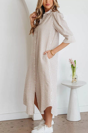 Stripe Frilled Collar Half Sleeve Shirt Dress, fabric detail