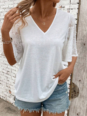 White V-neck tee with flared lace inset sleeves.