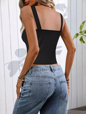 Black ribbed scoop tank top with square neckline and wide straps, cropped length.