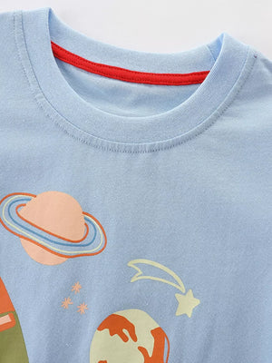 Light blue cotton crew neck t-shirt with space adventure graphic and red neck trim.