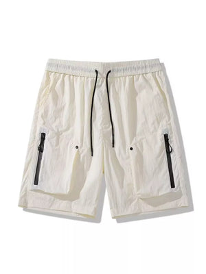 White lightweight cargo shorts with drawstring and zipper pockets