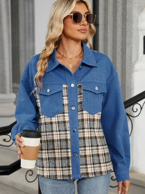 Denim & Plaid Patchwork Overshirt in Dusty Blue with button front and chest pockets.