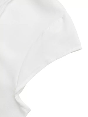 White cap sleeve midi dress with tie detail, showing sleeve and neckline detail.