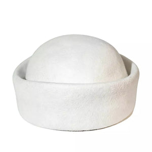 White wool pillbox hat with a rounded crown and flat brim.