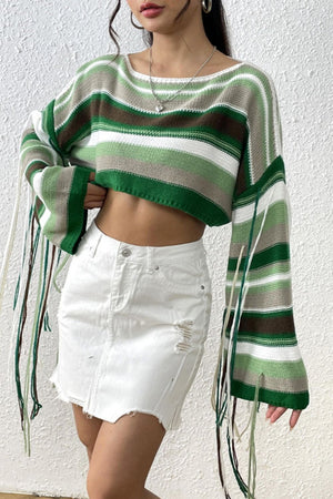 Cropped knit sweater with multicolor stripes and fringe details.