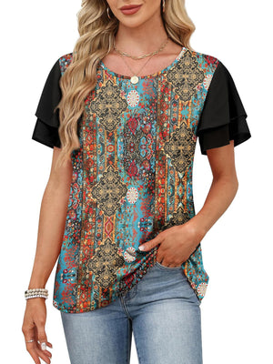 Layered ruffled short sleeve t-shirt with multicolor ornate floral print and black sleeves.
