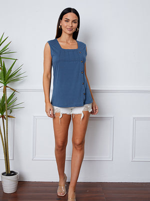 Dark blue square neck button-down tank top with subtle pleating detail.