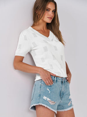 White textured stripe knit V-neck sweater top with short sleeves.