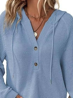 Full Size Waffle Knit Half-button Hoodie Plus Size in Black, view 13