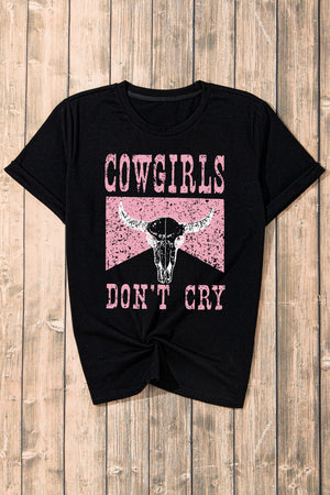 Black graphic tee with distressed cowgirl skull and text print