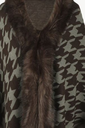 Houndstooth faux fur collar poncho in chocolate brown with a grey pattern and dark brown trim.