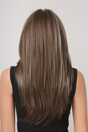 Layered synthetic wig in brown with blonde highlights and bangs, shown from the back.