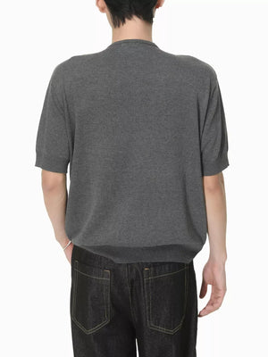 Charcoal knit henley t-shirt with short sleeves and button placket detail.
