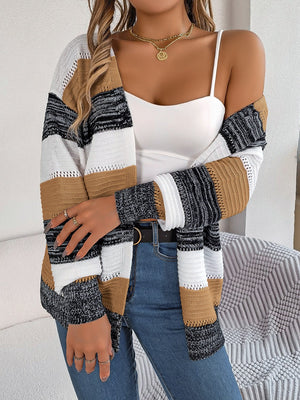 Open-front knit cardigan with horizontal stripes in camel, white, black, and grey acrylic.