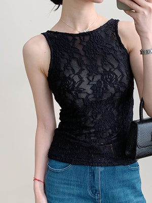 Black lace tank top with floral pattern and sheer detail.