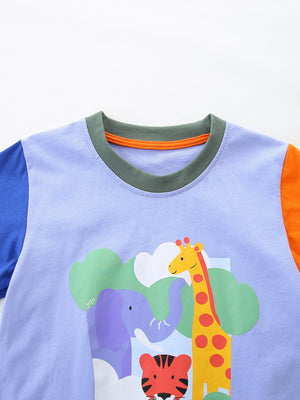 Toddler t-shirt with safari animals print, color block sleeves, and crew neck.