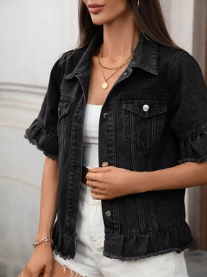 Black denim trucker jacket with ruffled short sleeves and raw hem