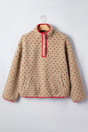 Heart Pattern Fleece Colorblock Collar Sweatshirt in Camel, model styling view