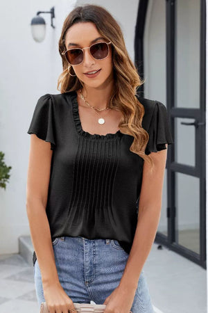 Black ruffled square neck pleated blouse with flutter sleeves