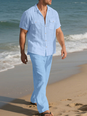 Men's Casual Button-up Shirt And Pants Set Plus Size, fit detail