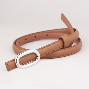 Brown cowhide leather belt with oval silver buckle