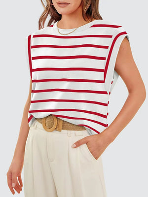 Padded shoulder tank top with red and white Breton stripes and a crew neck.