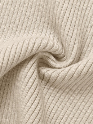 Beige ribbed crew neck fitted tee with a soft knit texture.