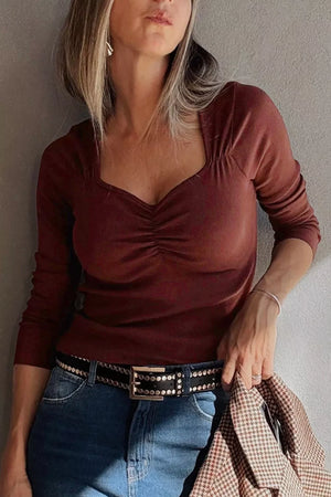 Gathered Bust Square Neck Ribbed Long Sleeve Top, model styling view