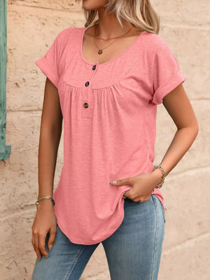 Pink relaxed henley maternity t-shirt with button detail and cuffed sleeves