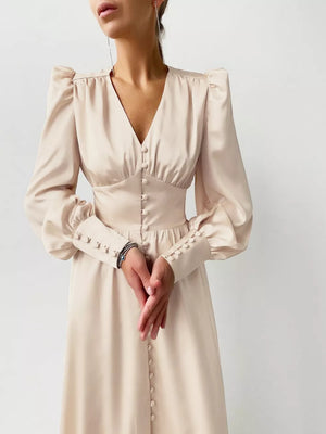 Elegant V-neck Puff Sleeve Button-down Midi Dress in White, back view