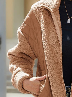 Camel quilted jacket with sherpa trim and sleeves, zip front detail
