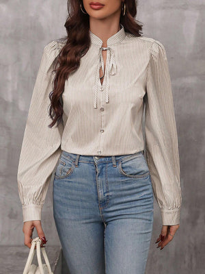 Puffed sleeve stripe keyhole blouse in khaki with button front and tie detail
