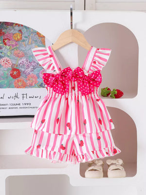 Children's Bow Ruffled Striped Top And Shorts Set in Pink, close-up detail