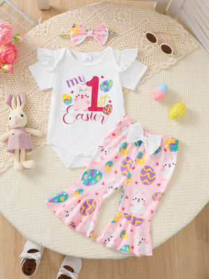 White Easter baby outfit with ruffled sleeves, bunny and egg print pants, and matching headband.