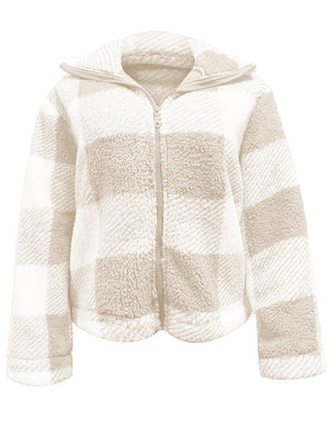 Fluffy plaid zip-up shacket in white and tan with a stand-up collar.