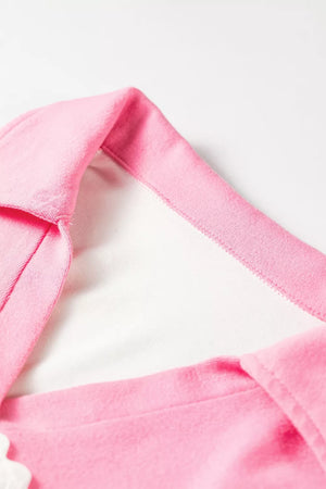 Color Block Ricrac Trim V Neck Long Sleeve Top in Pink, fit detail