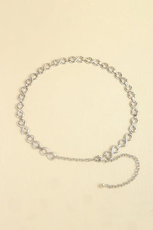 Silver infinity chain belt with adjustable extender and ball end.