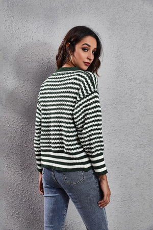 Chevron stripe knit cardigan in Black Forest green and white, with a button front and crew neck.