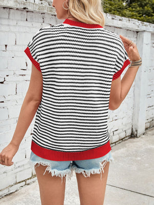 Textured knit top with black and white stripes, cap sleeves, and red trim.
